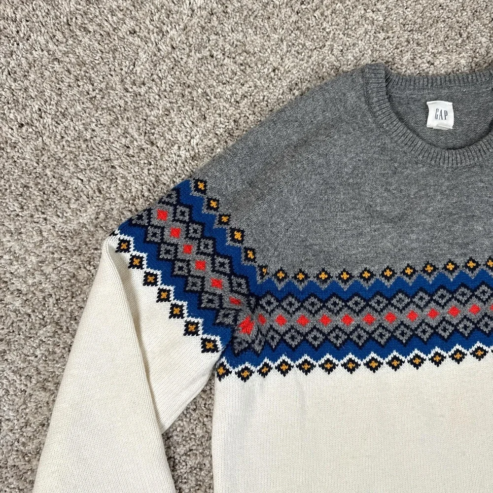 GAP Sweater Mens Large Gray Cream Wool Fair‎ Isle Neutral Multi Crewneck Raglan